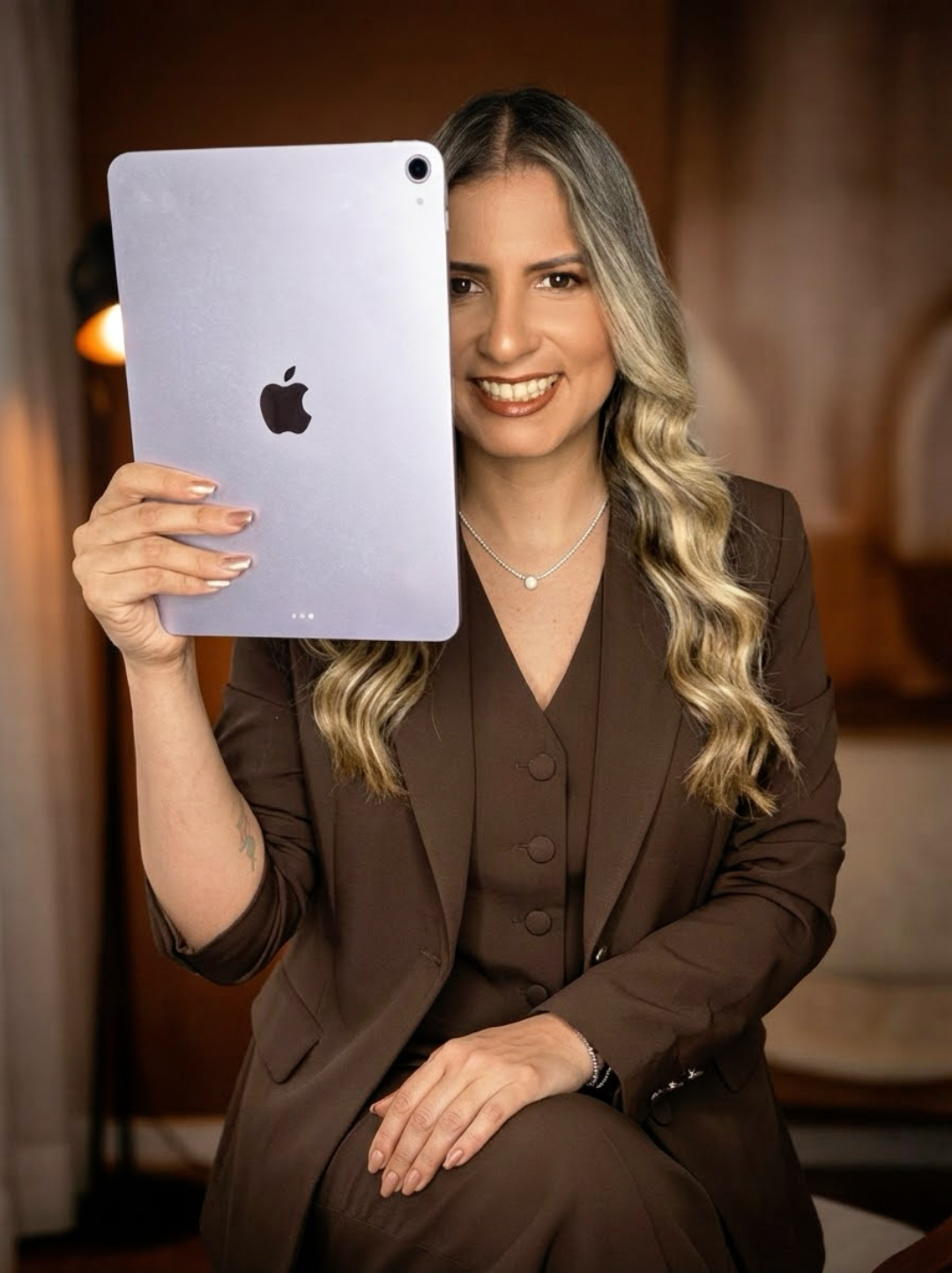 Willyanne Silva sentada, sorrindo, segurando um tablet